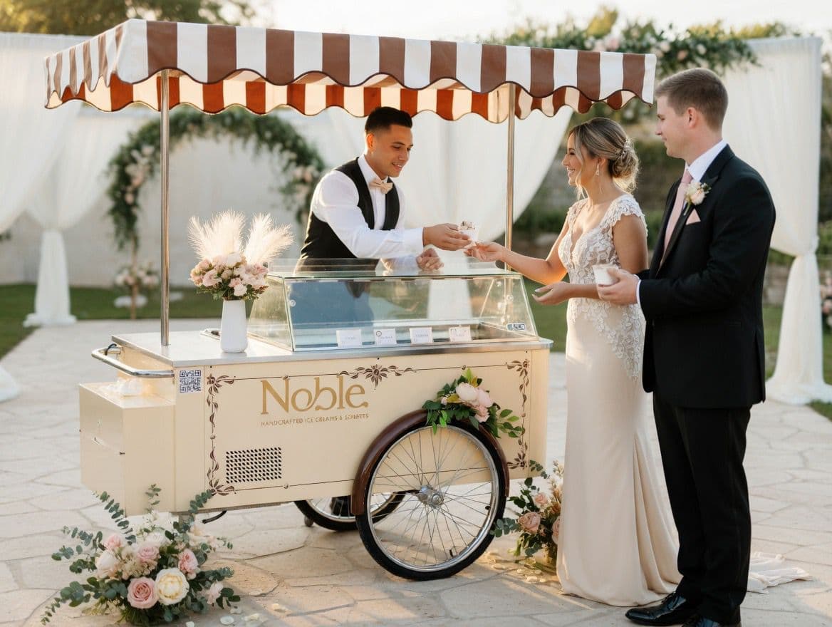 Noble gelato cart serving a bride and groom at an outdoor wedding